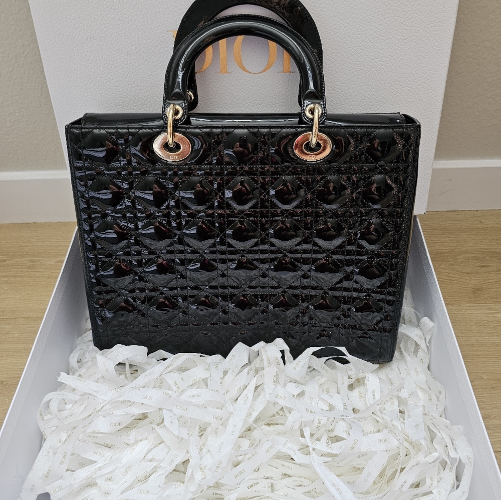 Authentic Lady Dior Large Patent Leather Black/Gold Bag 2020